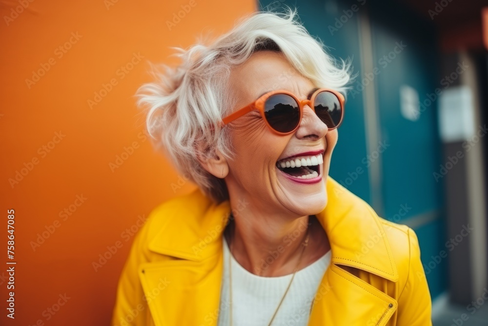 Portrait of a happy senior woman in sunglasses on an orange background Portrait of a happy senior woman in sunglasses on an orange background