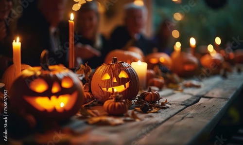carved pumpkins for halloween, jack o lantern on the table, people in the background, halloween decoration for a diner party, candles, wooden table, table decoration for halloween, Generative AI 