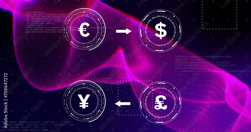 Animation of currency symbols with data processing over purple shapes on black background Animation of currency symbols with data processing over purple shapes on black background