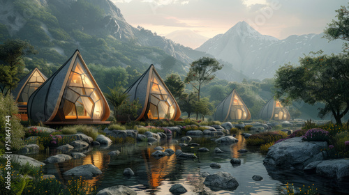 Eco-friendly cabins with geometric design nestled in a serene mountain landscape by a river, surrounded by lush greenery and rocks at dusk.