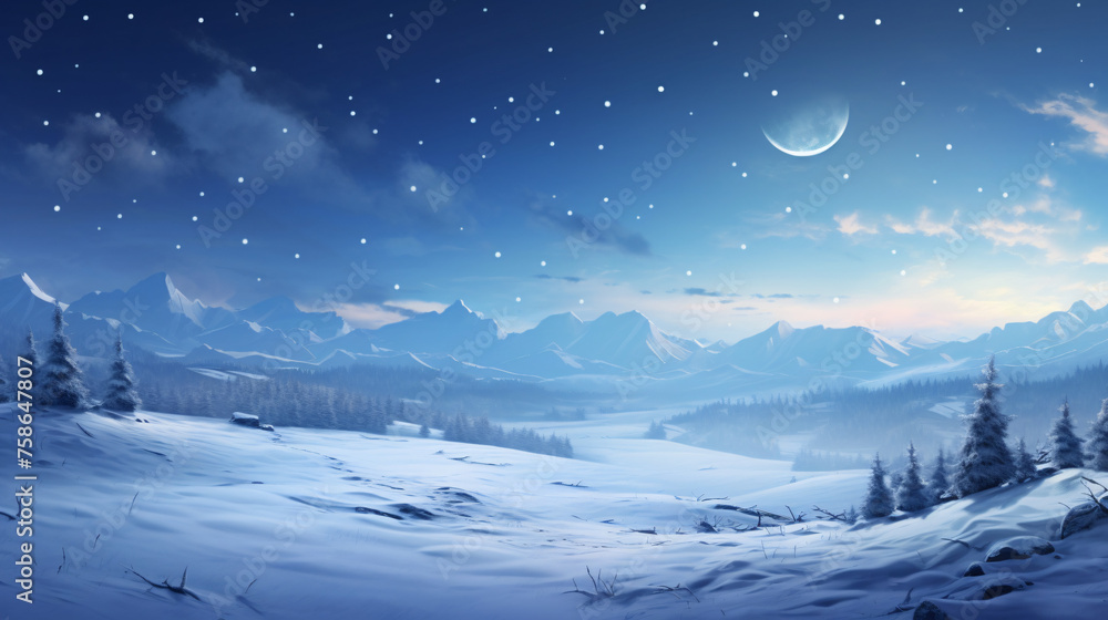 Beautiful winter landscape scene with snow and moon 