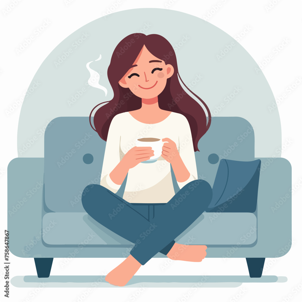 illustration of woman smiling with a cup of coffee at home illustration of woman smiling with a cup of coffee at home