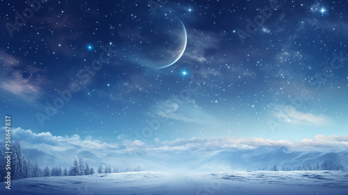 Beautiful winter landscape scene with snow and moon 