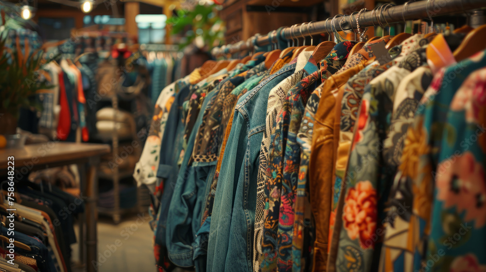 Rows of various colorful garments hang on metal racks in a cozy vintage clothing store, with a warm ambiance and soft focused background.