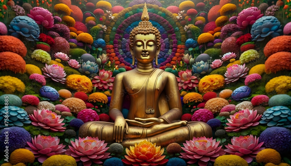 Serenity in Color. Buddha's Peaceful Repose in a Floral Oasis