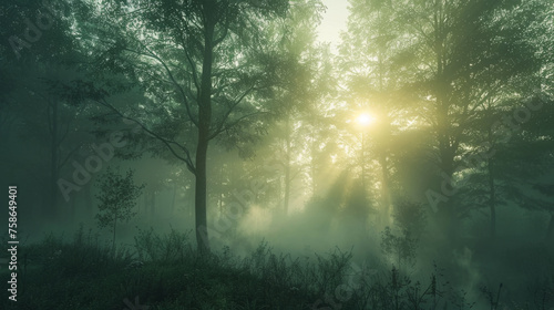 Misty forest at sunrise with sun rays piercing through the fog and illuminating the lush greenery and trees.