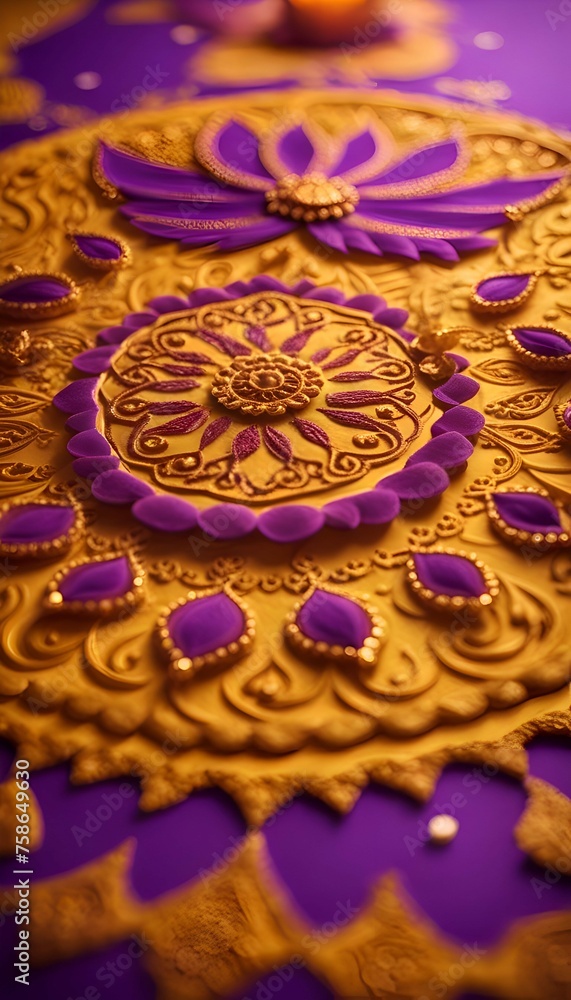 Colorful Diwali Diya Purple Background Close Up
