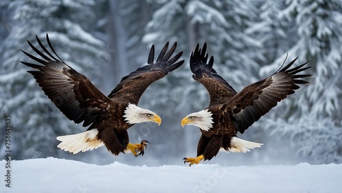 Adult Bald Eagle flight in storm. Winter landscape. 