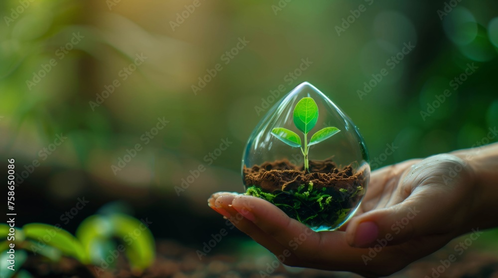 Hand Holding Green Plant in Water drop Concept