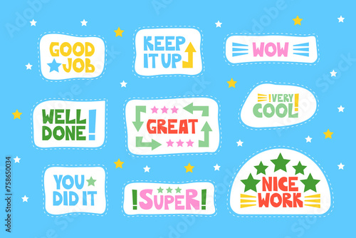 Good job, nice work, super, well-done sticker set. Positive, inspirational, and praising lettering words and phrases to celebrate the school, educational, student, and work results and success. Vector
