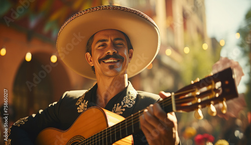 Happy Man Mariachi musician playing guitar at Cinco de Mayo festival.Cinco De Mayo - Mexico's national holiday photo