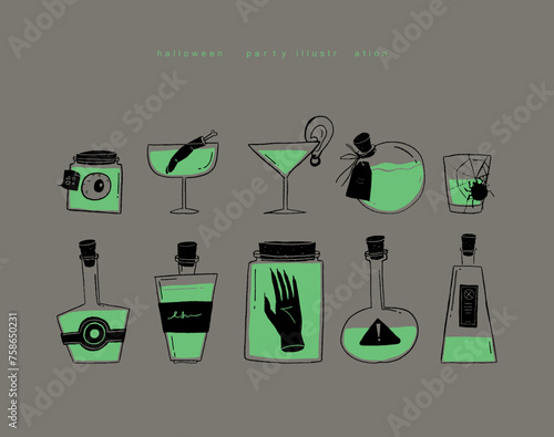 Hand drawn halloween poison illustration set