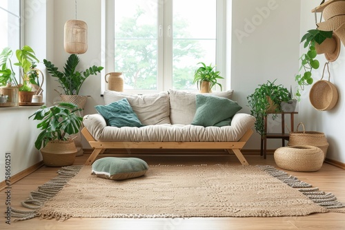 Interior of modern cozy living room in Scandi style. Stylish sofa with pillows  braided rug on the floor  wicker interior items  indoor plants. Contemporary home design. Mockup.