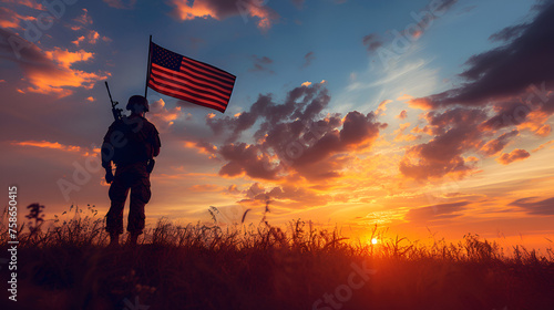 Soldier and USA flag on sunrise background.  Greeting card for Veterans Day, Memorial Day. generative ai  photo