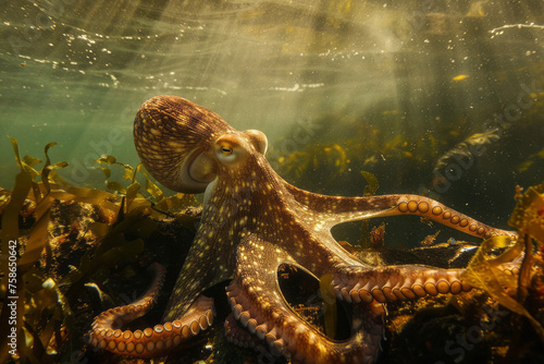 Majestic Octopus in Sunlit Waters. Big octopus with sunbeams filtering through water