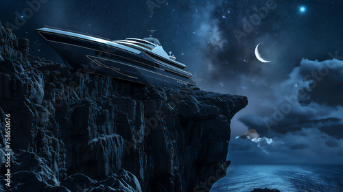 luxury cruise ship stuck on the edge of rock cliff in the night with sea of clouds, stars and crescent moon