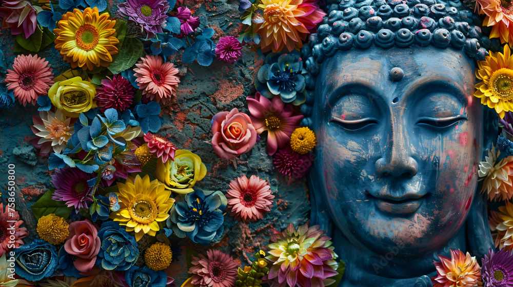Buddha image ancient Buddhism surrounded by flowers ..