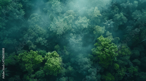 Aerial view of a dense, lush green forest canopy shrouded in mist, capturing the essence of a tranquil and mysterious wilderness.