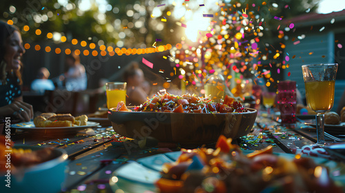 ฺBackyard party, close up, table top, delicious party food, photo realistic