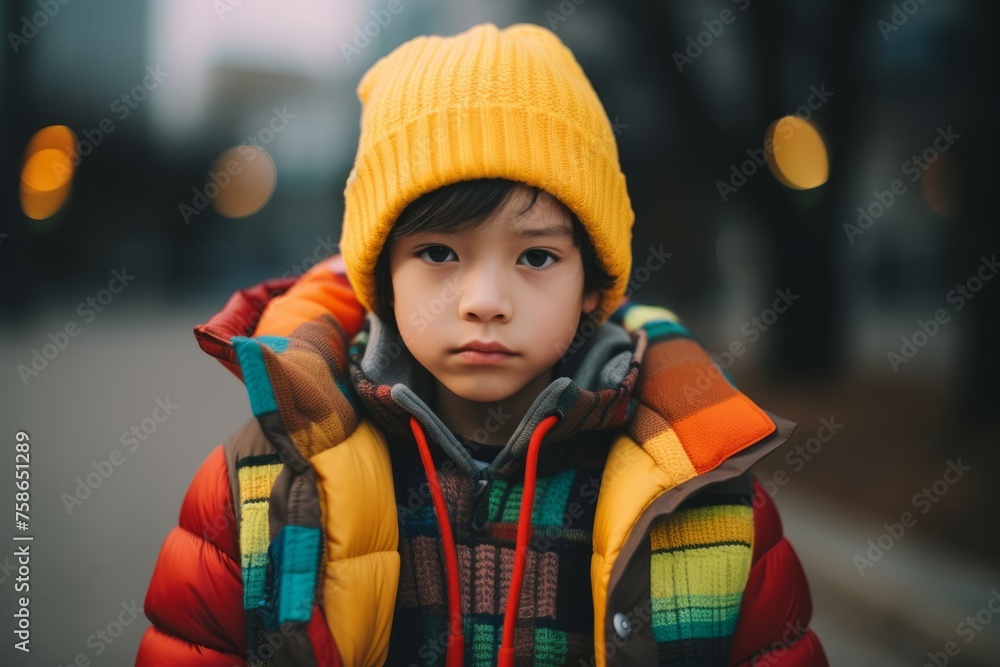 Portrait of a cute little boy in a yellow hat and a bright jacket Portrait of a cute little boy in a yellow hat and a bright jacket