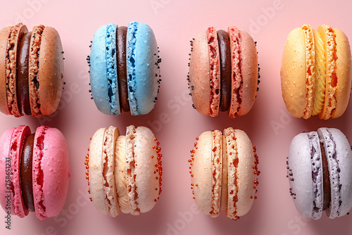 Traditional French cookie macarons lined up in a neat row, Tasty fruits flavored sweet cookies macaron dessert cake with stack focus.