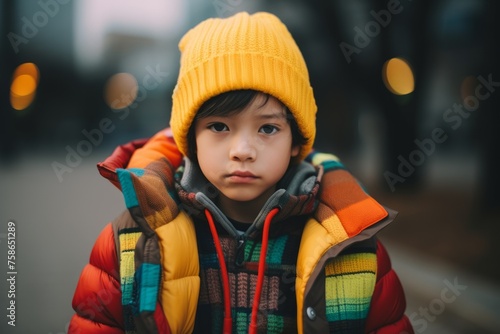 Portrait of a cute little boy in a yellow hat and a bright jacket