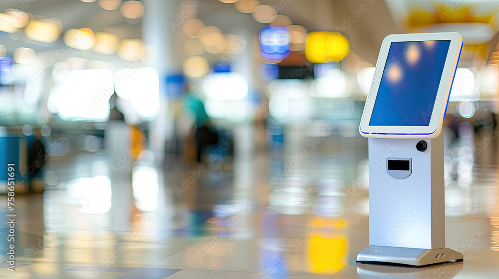 An electronic kiosk stands in a bright airport terminal with blurred travelers and information displays in the background An electronic kiosk stands in a bright airport terminal with blurred travelers and information displays in the background