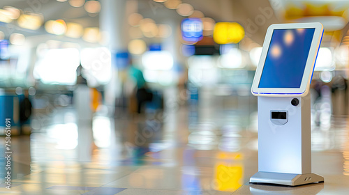 An electronic kiosk stands in a bright airport terminal with blurred travelers and information displays in the background