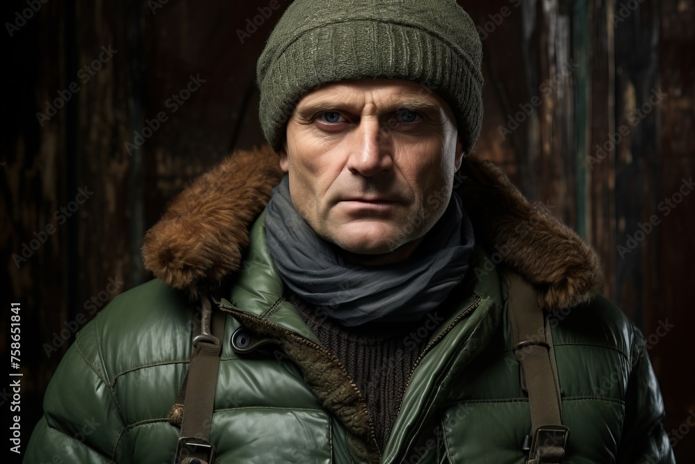 Portrait of a man in a winter hat and a green jacket
