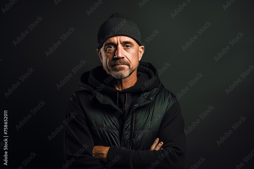 Portrait of a mature man in a warm jacket and hat on a dark background. Portrait of a mature man in a warm jacket and hat on a dark background.