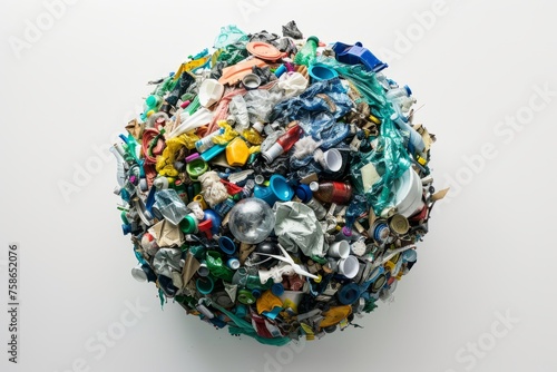 A sphere made of different types and colors of plastic waste, including bags, bottles, cans, cutlery, and plates on a gray background.  The ecofriendly theme conceptually depicts plastic pollution.