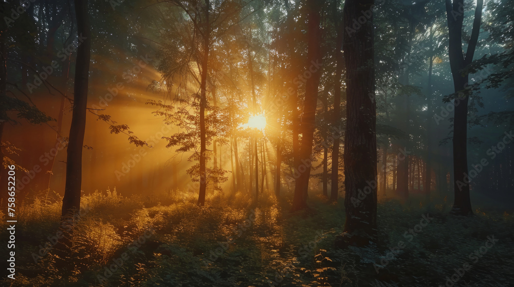 A tranquil forest scene with sunbeams piercing through towering trees and a misty atmosphere, illuminating the lush undergrowth and casting a warm glow over the woodland.
