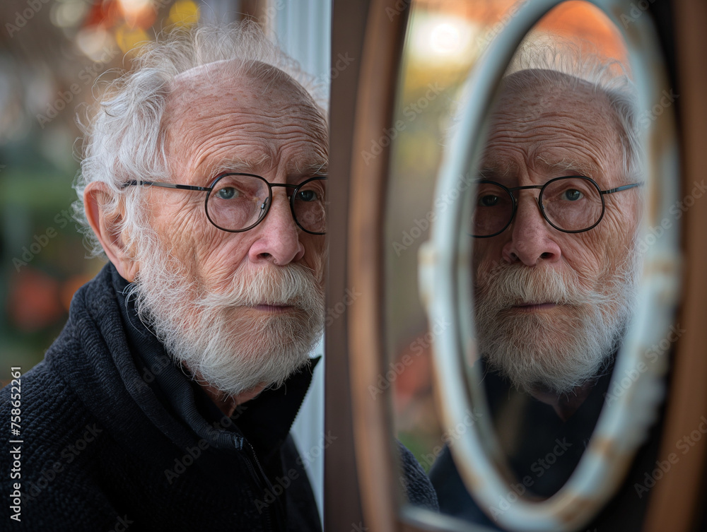 Älterer Mann mit vielen Falten schaut in Spiegel mit Spiegelbild, ai generativ - obrazy, fototapety, plakaty 