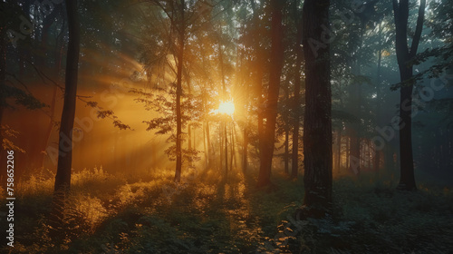 A tranquil forest scene with sunbeams piercing through towering trees and a misty atmosphere, illuminating the lush undergrowth and casting a warm glow over the woodland.
