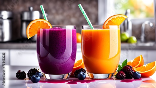Vibrant smoothies with fresh fruit garnish on a reflective surface. © Maule