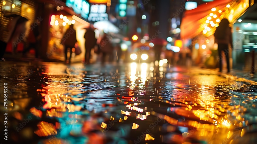 Rain-Soaked City Streets at Night with Reflecting Lights: Urban Glitter Amidst Nature's Shower.