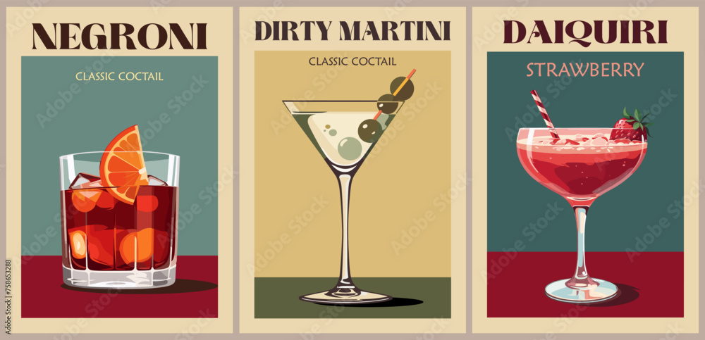 Cocktails retro poster set. Negroni, Dirty Martini, Strawberry Daiquiri ...