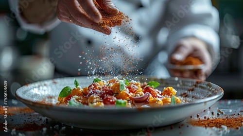 Fototapeta Naklejka Na Ścianę i Meble -  Chef sprinkles spices on plates in the kitchen