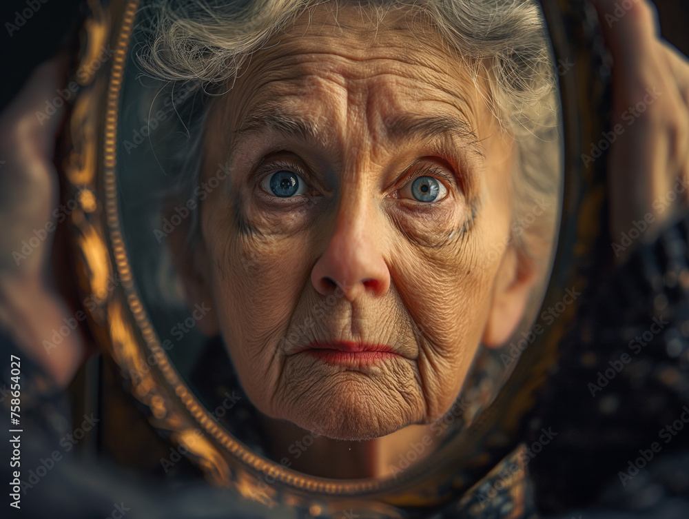 Ältere Frau mit vielen Falten schaut in Spiegel mit Spiegelbild, ai generativ - obrazy, fototapety, plakaty 