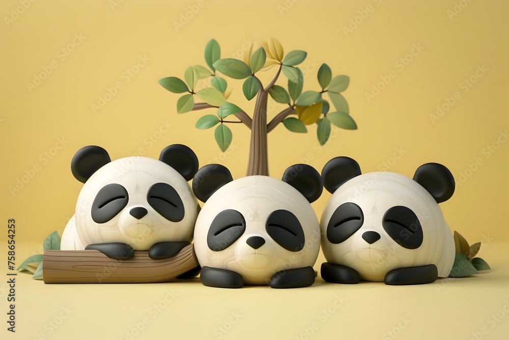 Naklejka premium Blind Box Toy Pandas Peacefully Resting Under Tree in Minimalist Design