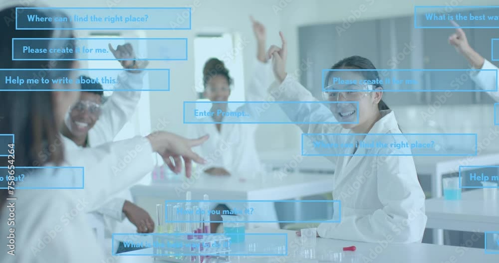 Animation of ai data processing over diverse students in laboratory Animation of ai data processing over diverse students in laboratory