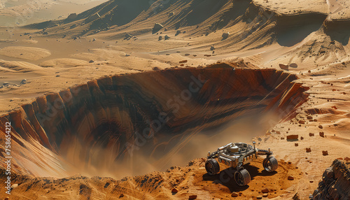 A rover is driving through a large crater on a planet