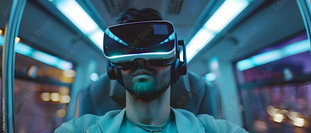 A man wearing virtual reality with cool style on the bus. A man wearing virtual reality with cool style on the bus.