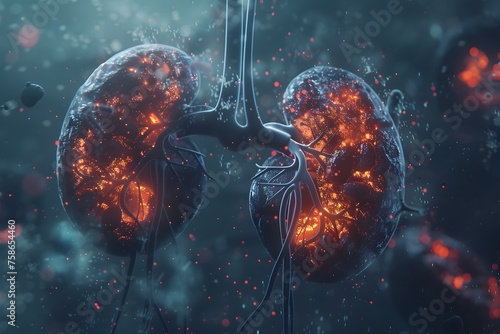 Glowing Particles in 3D Rendering of Human Kidney Reveal Nephritis Virus and Deteriorating Health Condition #758654460