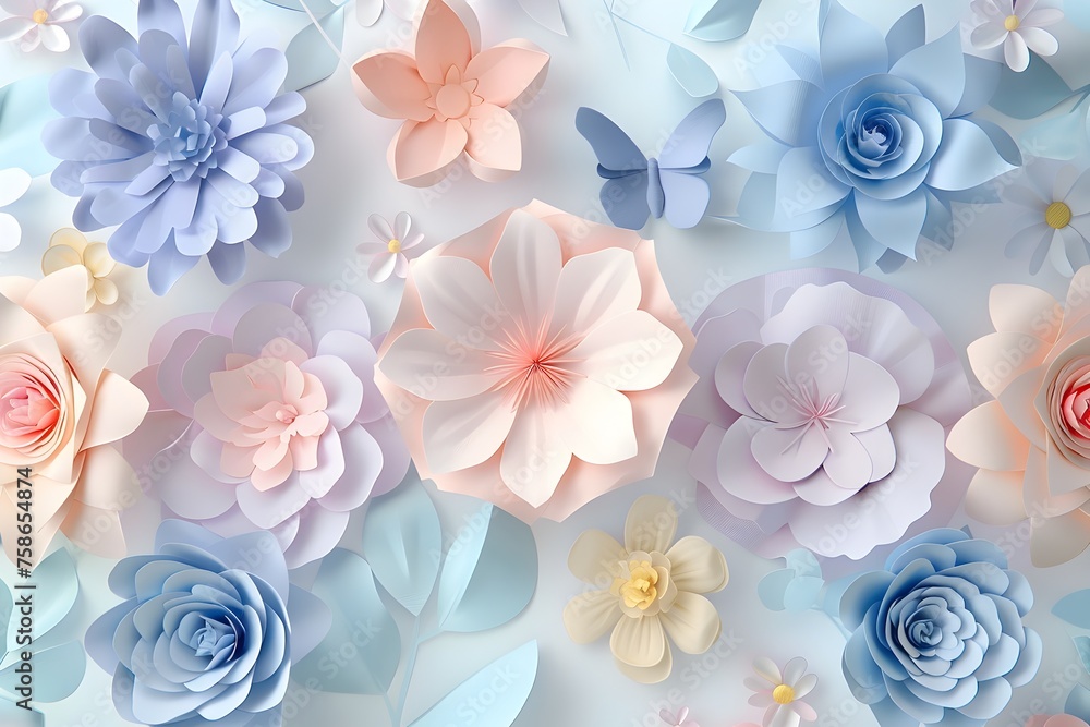 3D Paper Cut Style Pastel Blue and Pink Flowers with Butterfly on White Background 3D Paper Cut Style Pastel Blue and Pink Flowers with Butterfly on White Background