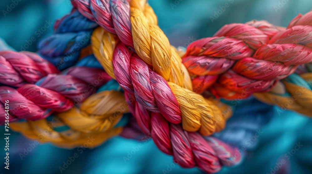 Close-up of colorful intertwined ropes showcasing a variety of rich textures and intricate twists against a blurred background, highlighting the concept of strength in unity.