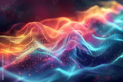 Vibrant Glowing Waves of Particles Create an Ethereal Digital Art Background for Technology and