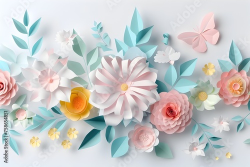 3D Paper Cut Spring Flowers in Pastel Colors Adorn a White Background