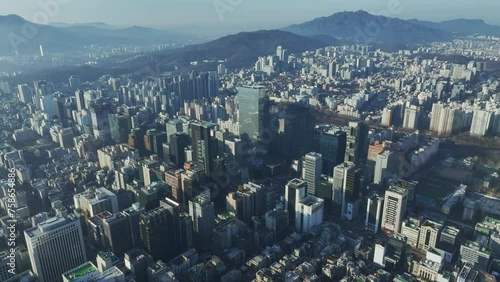 Wallpaper Mural Drone View of Seoul city in South Korea, Gangnam road 60fps, winter, Torontodigital.ca