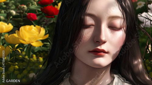 Closeup of a serenefaced computergenerated woman with closed eyes among vibrant flowers in a sunlit garden © woret